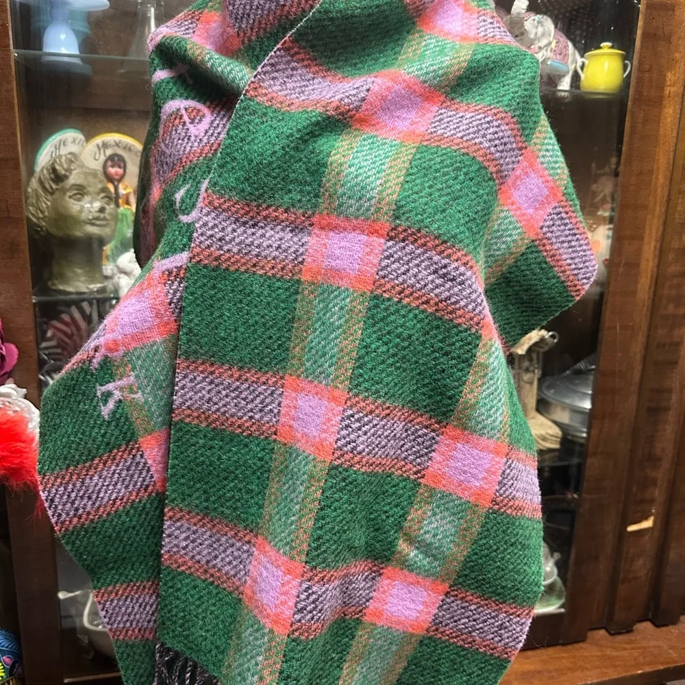 NEW Kate Spade Plaid Scarf PURPLE GREEN Fringe - Picture 2 of 4